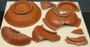 Roman Samian wares with scratched names of owners - Image courtesy of the Potteries Museum and Art Gallery, Stoke-on-Trent